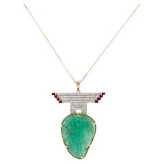 Collar Colgante Tallado de Oro Amarillo de 14 K con Rubí, Diamante y Emera