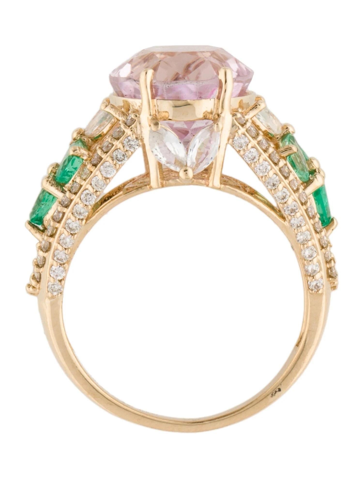 14K Yellow Gold Multistone Cocktail Ring with Emerald, Kunzite & Sapphire, Size In New Condition In Holtsville, NY