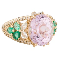14K Yellow Gold Multistone Cocktail Ring with Emerald, Kunzite & Sapphire, Size