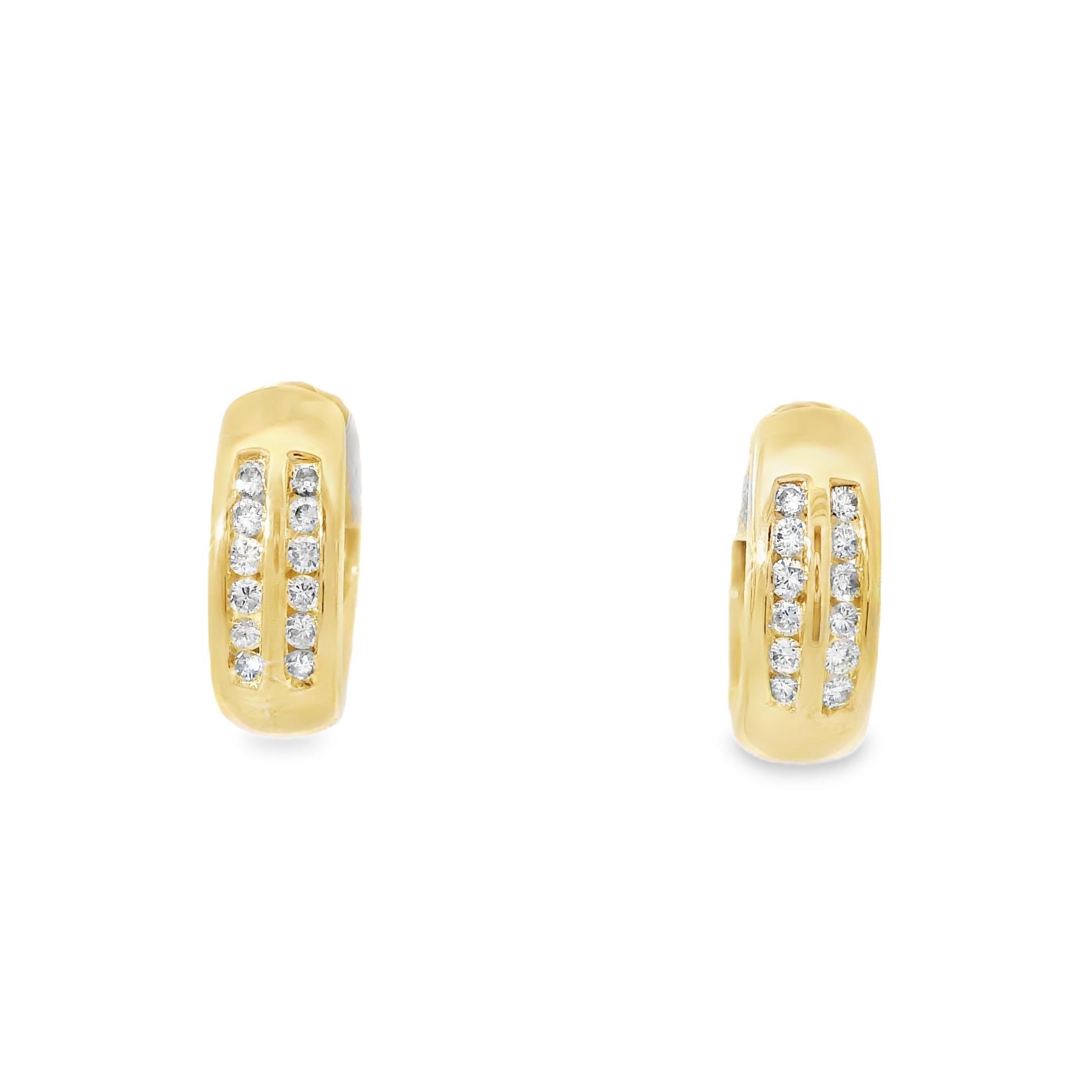 Women's 14k Yellow Gold Natural 0.15 Carat Diamond 2-Row Huggie Earrings For Sale