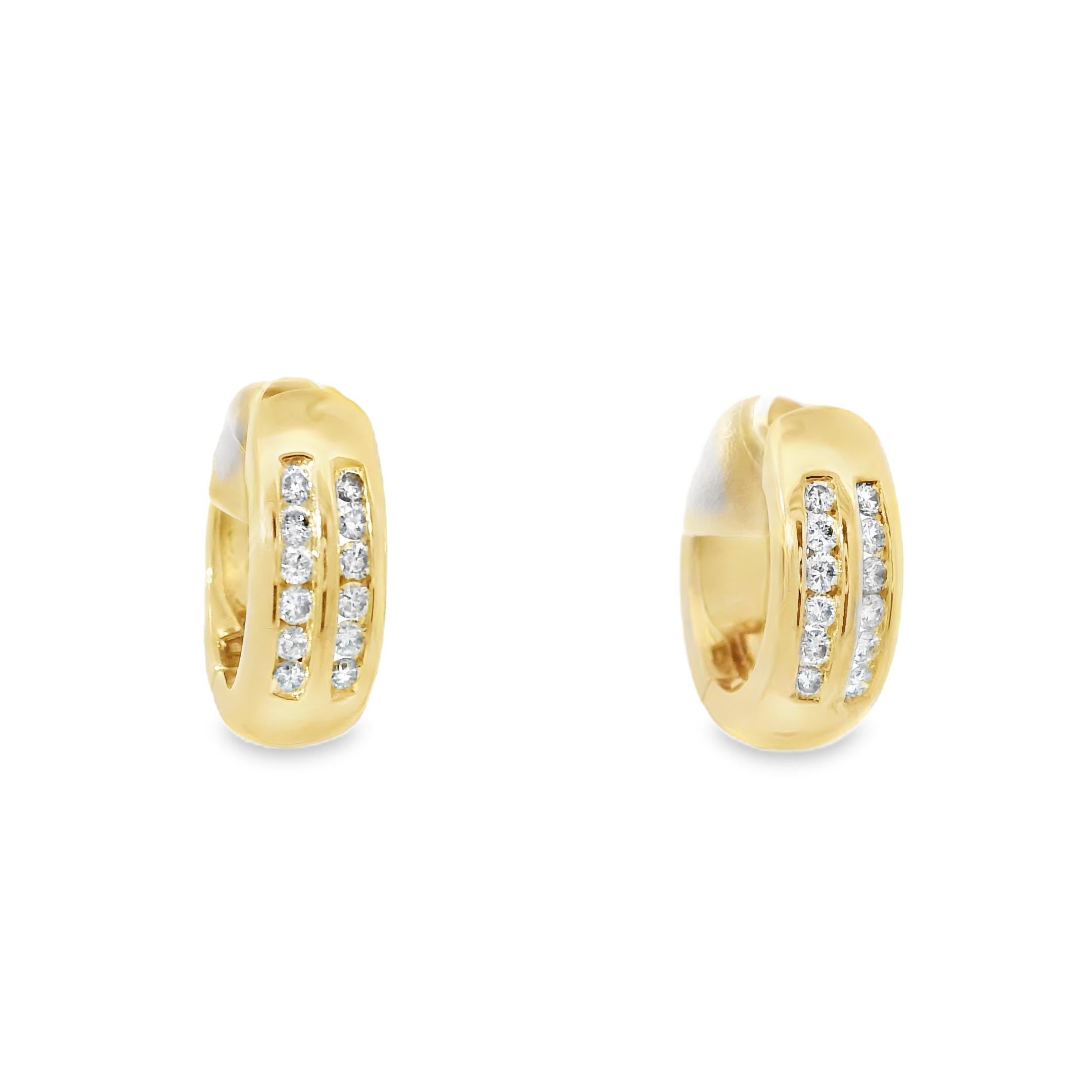 14k Yellow Gold Natural 0.15 Carat Diamond 2-Row Huggie Earrings For Sale 1