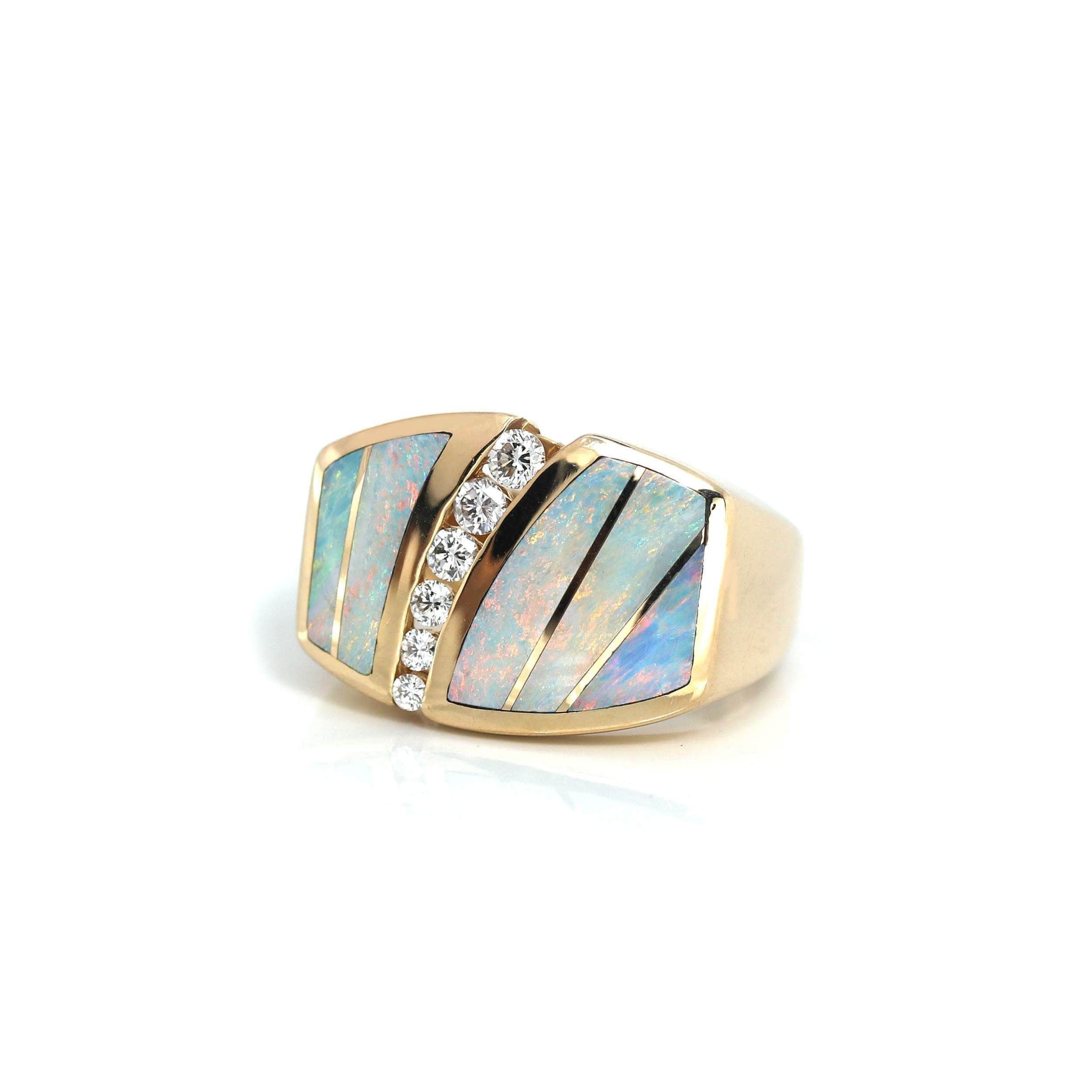 * Design Concept--- This ring features two original genuine Australian light blue opals. The design is a classic style. The ring looks very exquisite with some diamonds tracing the accents. and it's a high ring with heavy gold setting, Baikalla