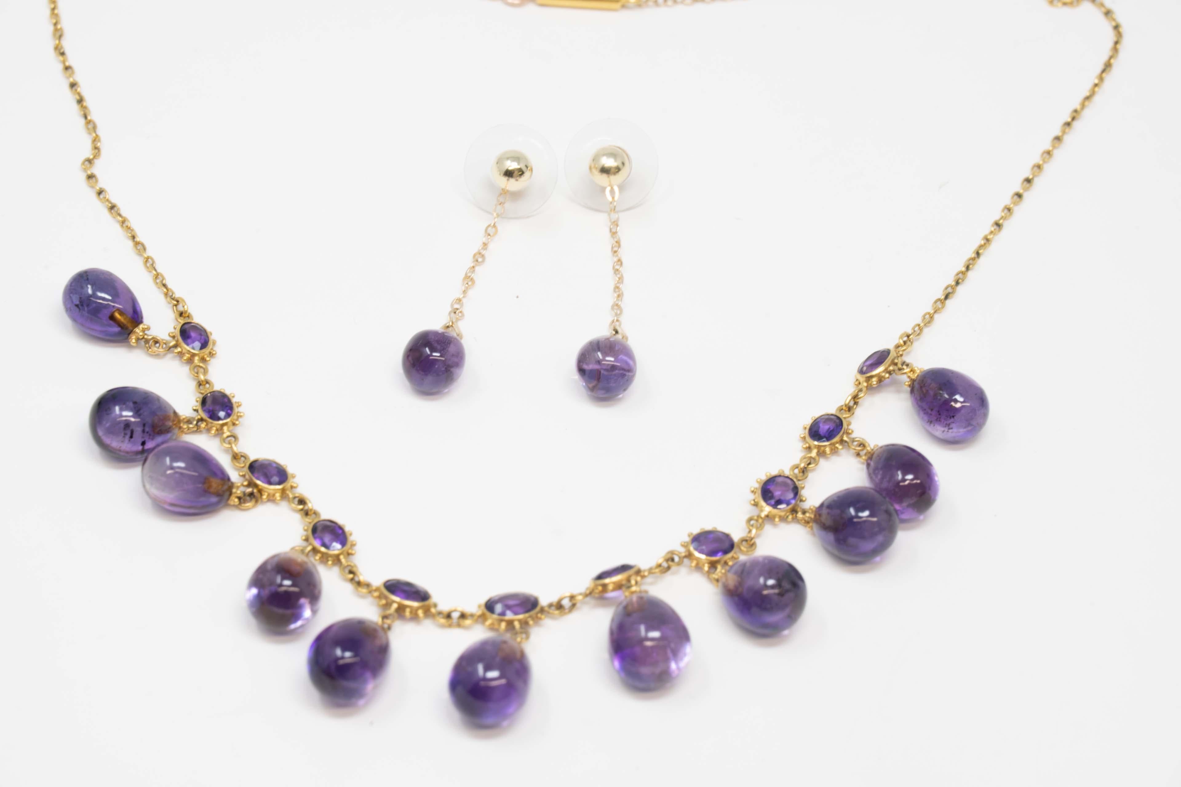 Women's 14k Yellow Gold & Natural Amethyst Stone Necklace & Earrings For Sale
