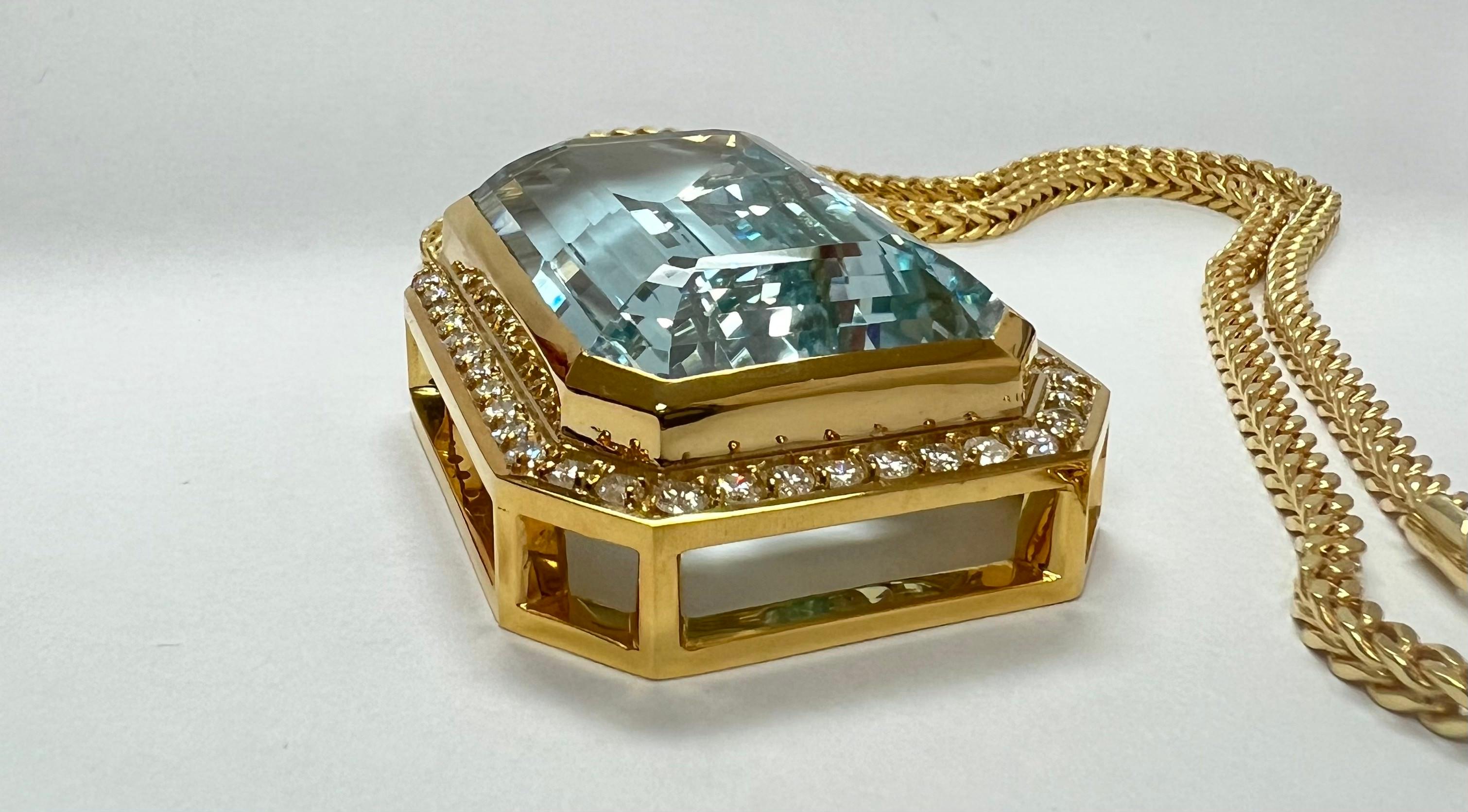 Mixed Cut 14k Yellow Gold Natural Aquamarine Pendant w/ Round Diamonds For Sale