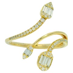 14k Yellow Gold Natural Baguette & Round Diamond Open Crossover Ring In Stock