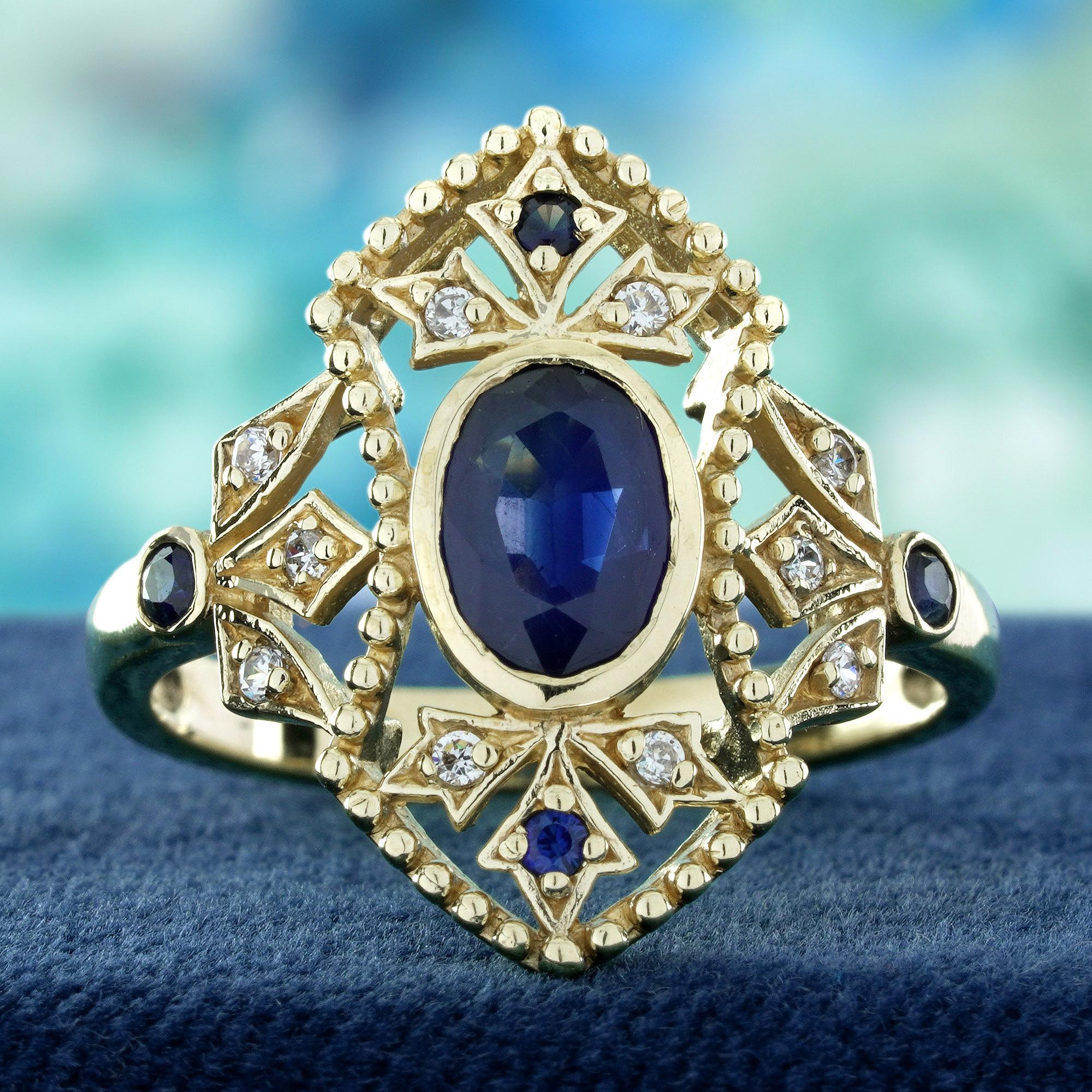 A  saphir bleu ovale naturel serti dans une lunette élégante, offrant à la fois sécurité et sophistication. La pierre centrale est magnifiquement encadrée par un design d'inspiration florale, orné de diamants étincelants qui ajoutent de l'éclat et