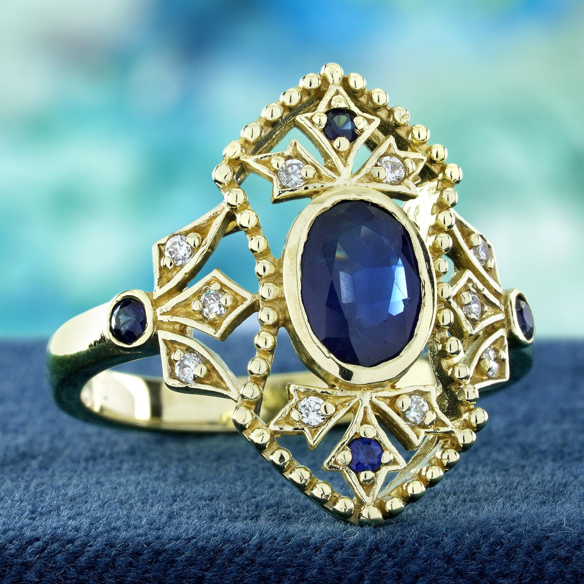 Édouardien Bague de cocktail en or jaune 14K, saphir bleu naturel et diamant, style vintage en vente