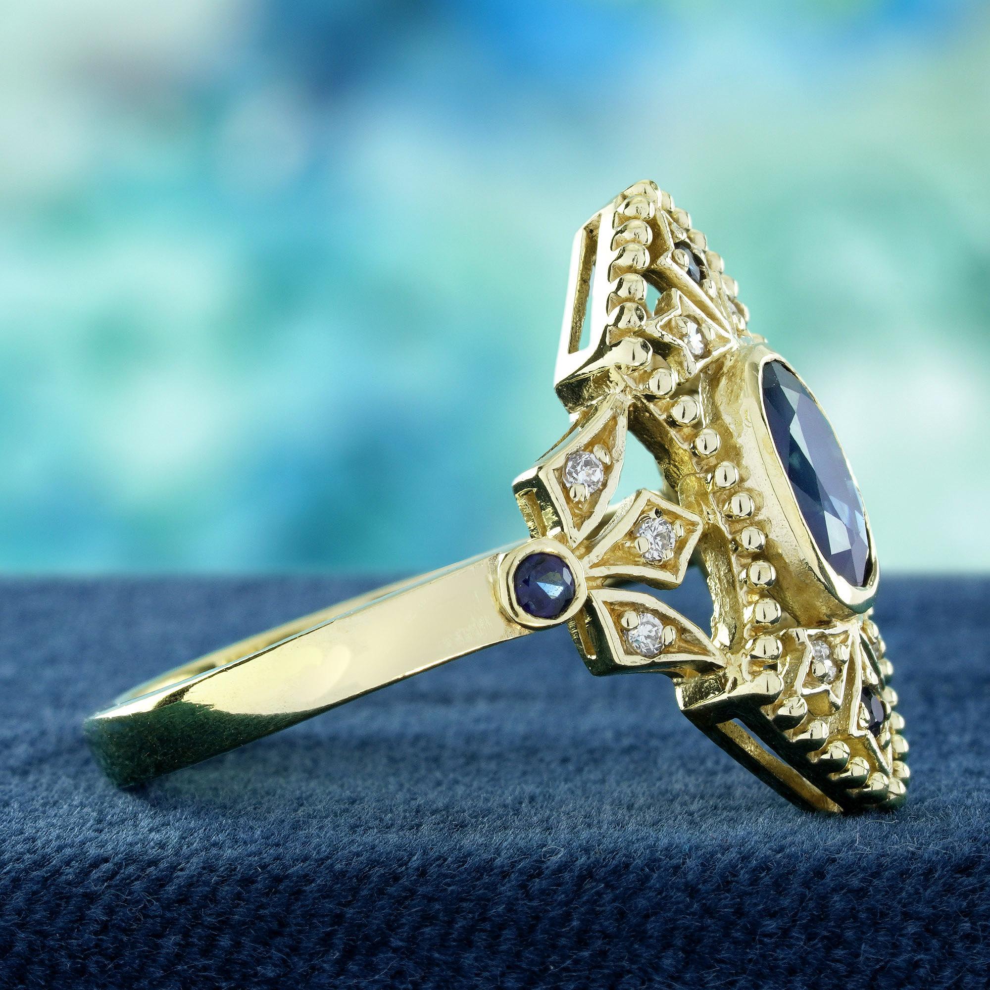 Taille ovale Bague de cocktail en or jaune 14K, saphir bleu naturel et diamant, style vintage en vente