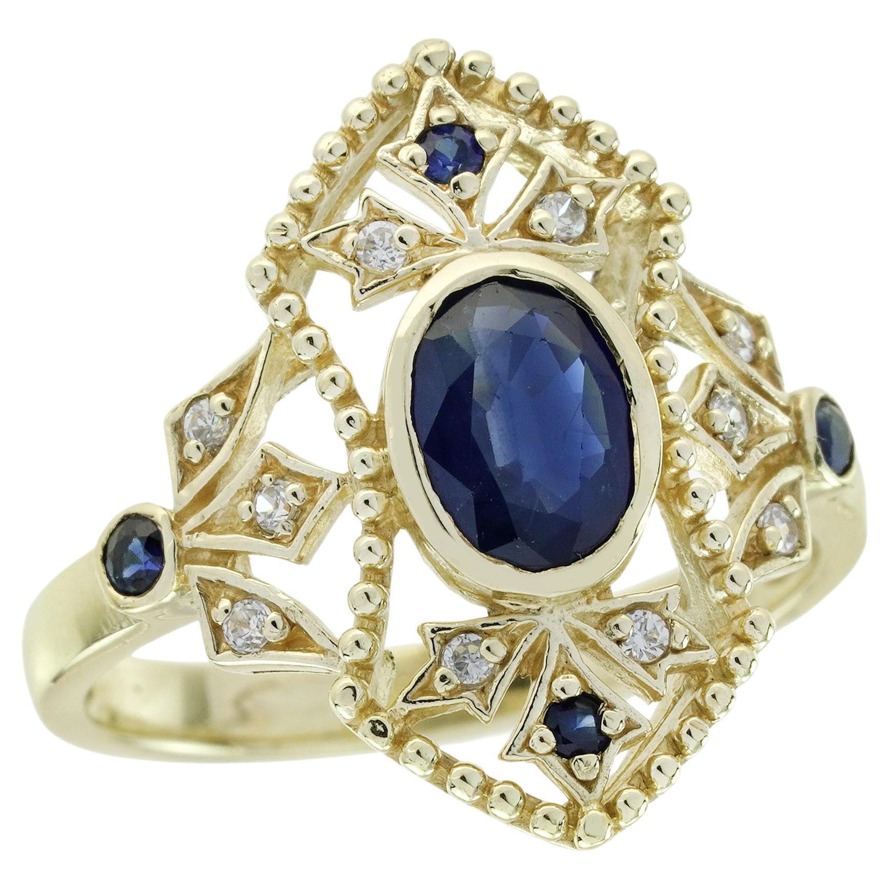 Bague de cocktail en or jaune 14K, saphir bleu naturel et diamant, style vintage