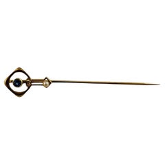 14K Yellow Gold Natural Blue Sapphire Cultured Pearl Stick Pin #15681
