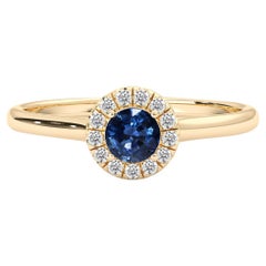 14k Yellow Gold Natural Blue Sapphire Diamond Pavé Halo Engagement Ring