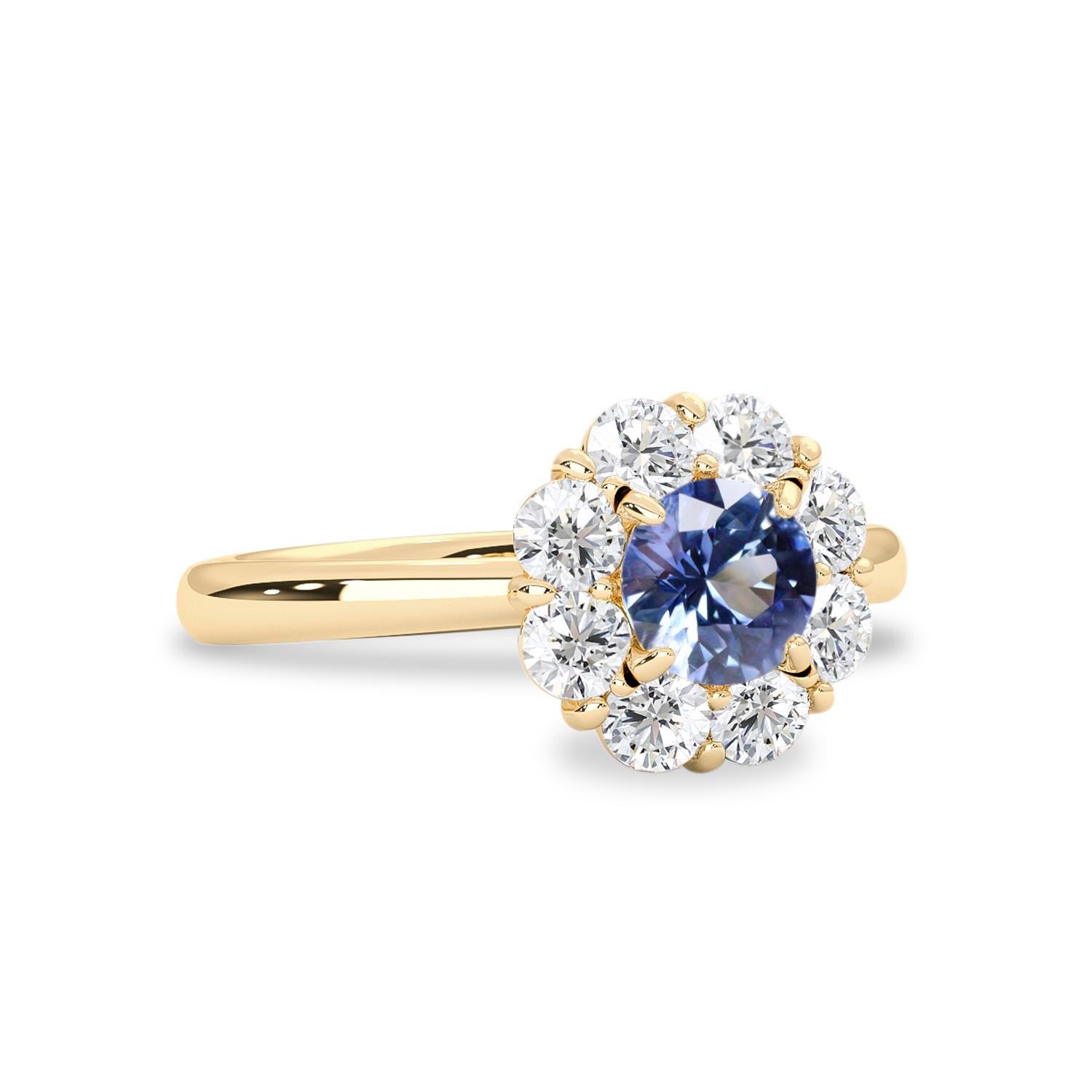 Natural blue sapphire and diamond are the stones representing true love, self-mastery, and strength. With our True Love Halo Engagement Ring plain band edition, we combine all the wonderful things together and turn them into a lifelong statement