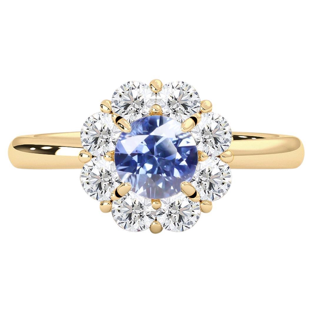 14k Yellow Gold Natural Blue Sapphire & Diamond(0.73t.c.w, SI, G-H) Halo Ring For Sale