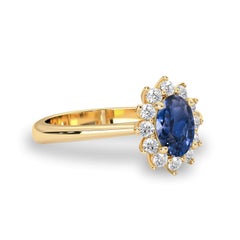 14k Yellow Gold Natural Blue Sapphire & Diamonds Halo Engagement Ring