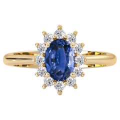 14k Yellow Gold Natural Blue Sapphire & Diamonds Halo Engagement Ring