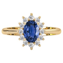 Used 14k Yellow Gold Natural Blue Sapphire & Diamonds Halo Engagement Ring