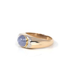 14k Yellow Gold Natural Blue Sapphire Men's Ring with Diamonds