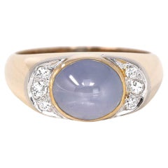 14k Yellow Gold Natural Blue Sapphire Men's Ring with Diamonds