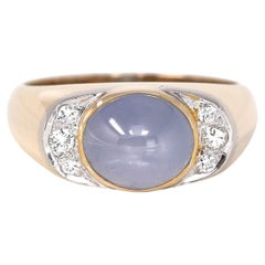 Antique 14k Yellow Gold Natural Blue Sapphire Men's Ring with Diamonds