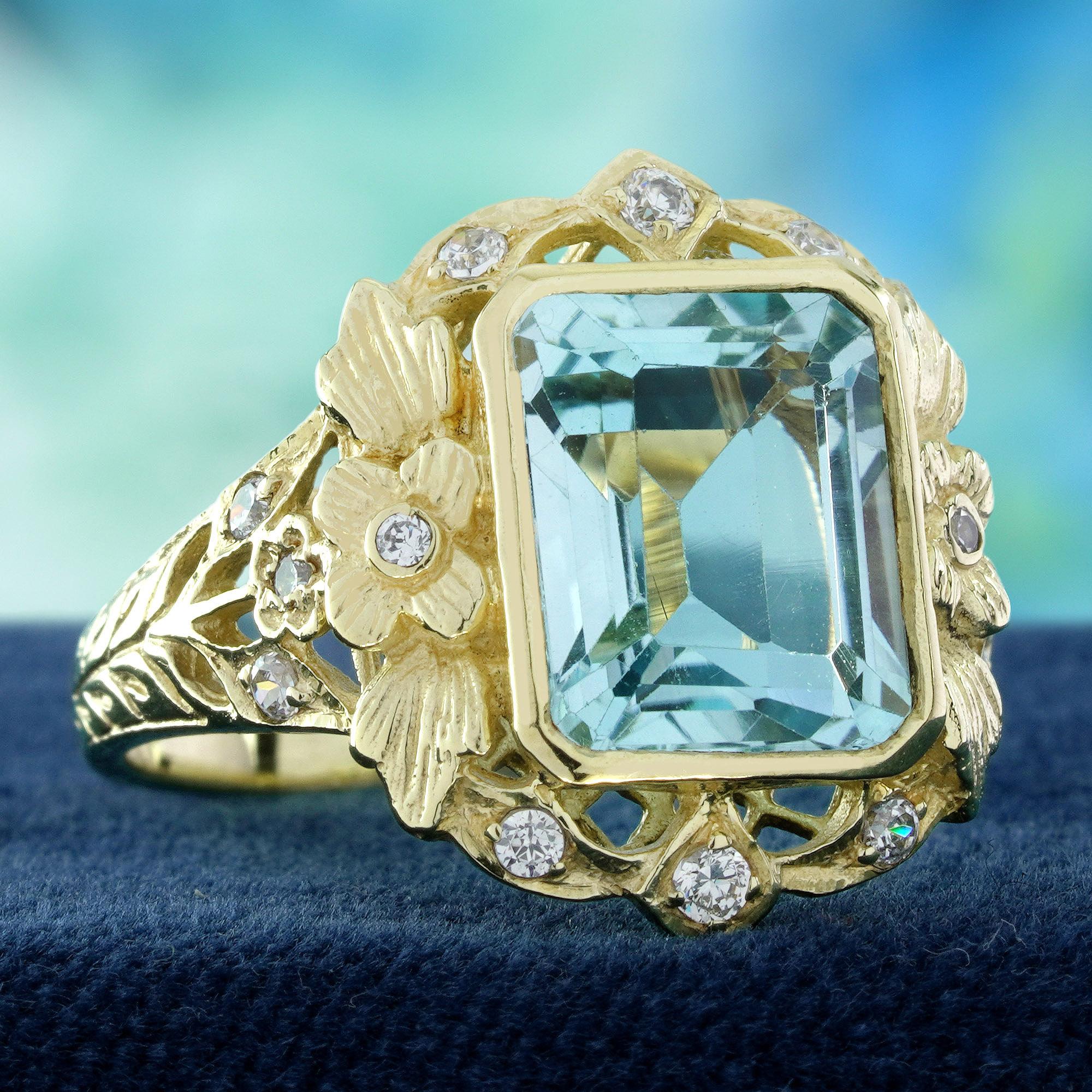Édouardien Bague de style vintage en or jaune 14K avec topaze bleue naturelle et diamant en vente