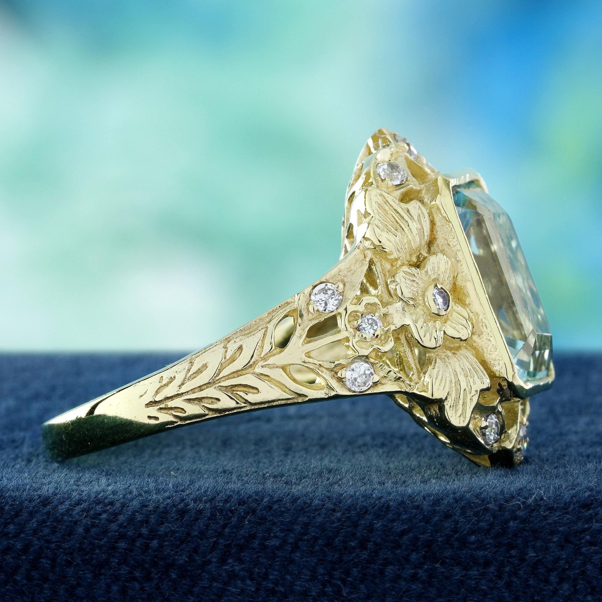 Taille émeraude Bague de style vintage en or jaune 14K avec topaze bleue naturelle et diamant en vente