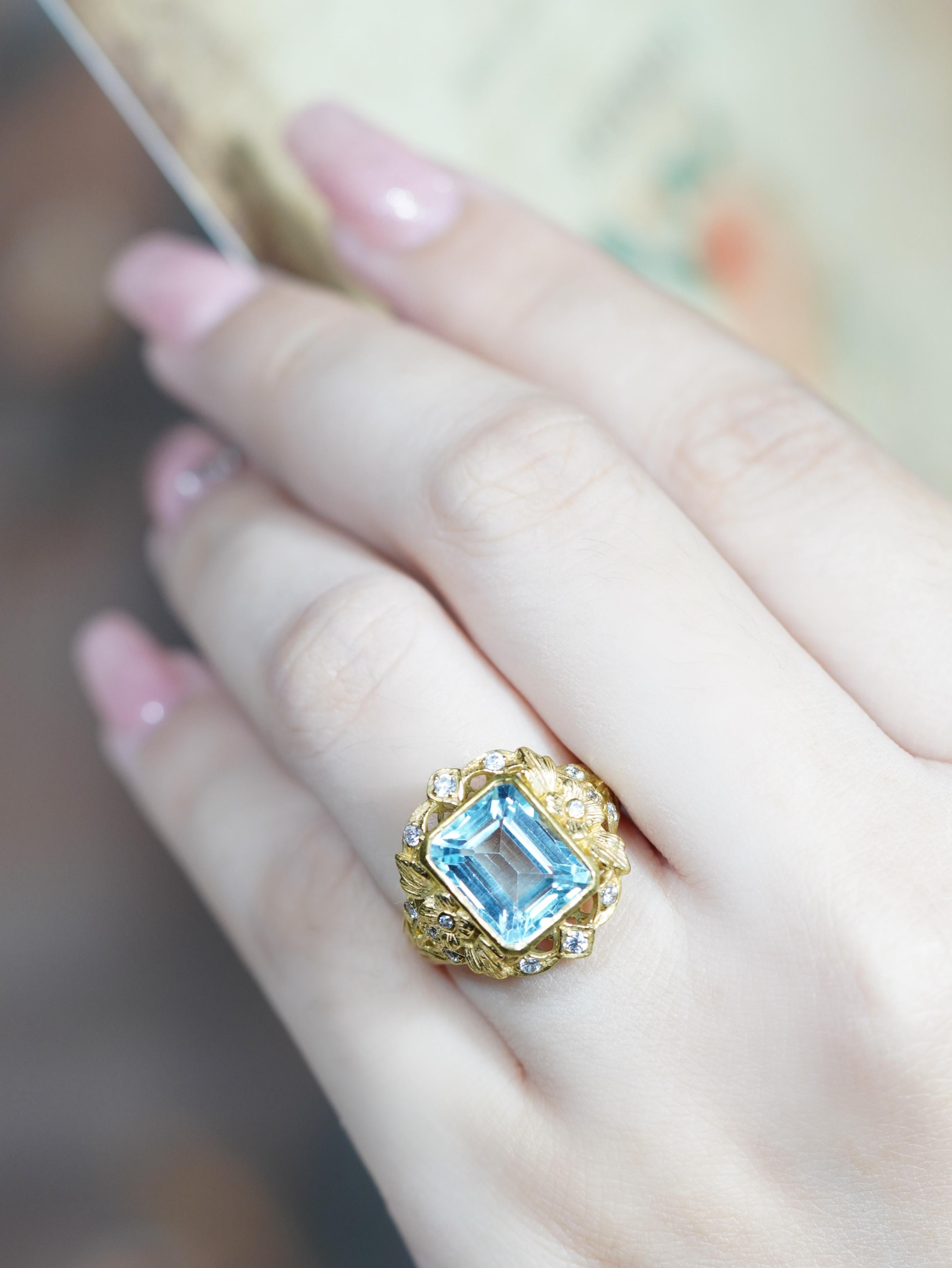 Bague de style vintage en or jaune 14K avec topaze bleue naturelle et diamant en vente 2