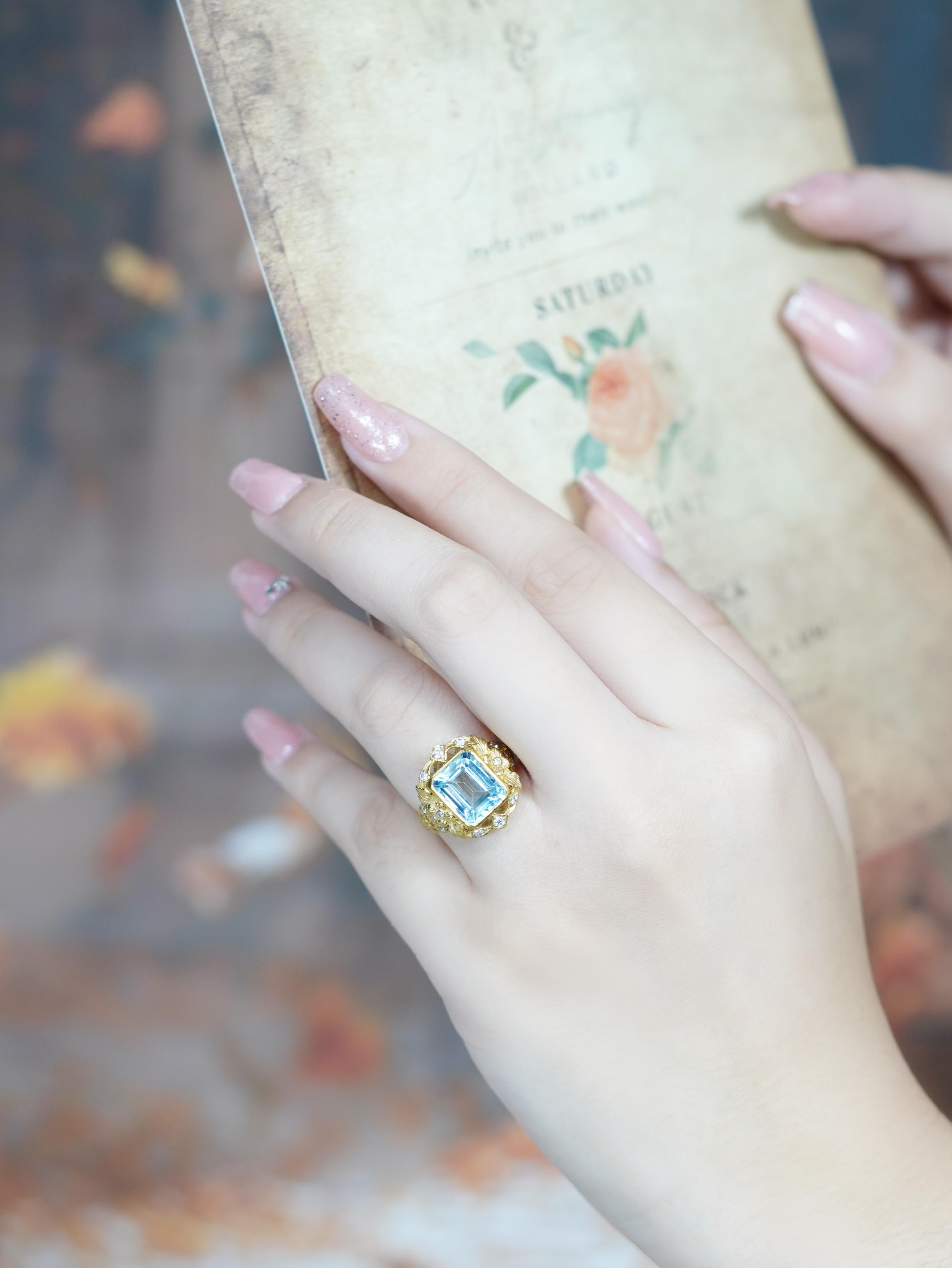 Bague de style vintage en or jaune 14K avec topaze bleue naturelle et diamant en vente 3