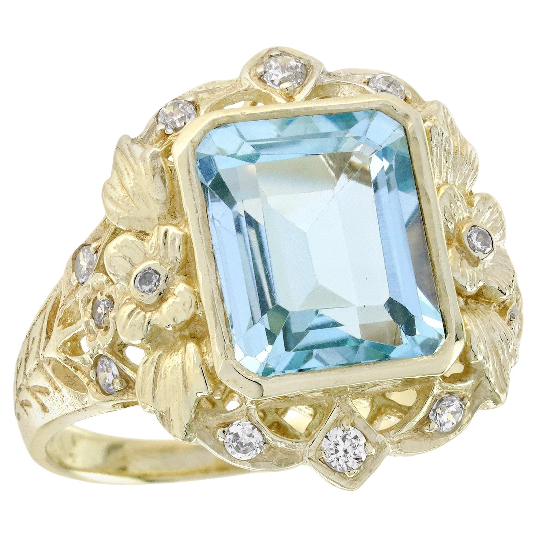 Bague de style vintage en or jaune 14K avec topaze bleue naturelle et diamant