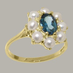 14K Yellow Gold Natural Blue Topaz & Pearl Womens Cluster Ring Customizable
