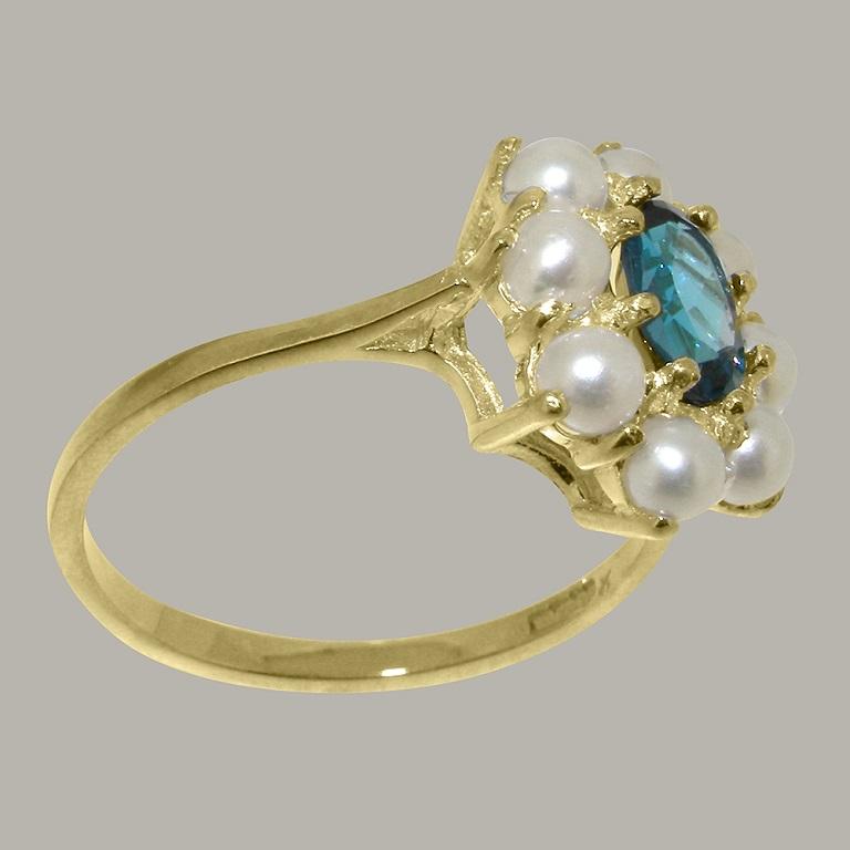 For Sale:  14K Yellow Gold Natural Blue Topaz & Pearl Womens Cluster Ring Customizable 3