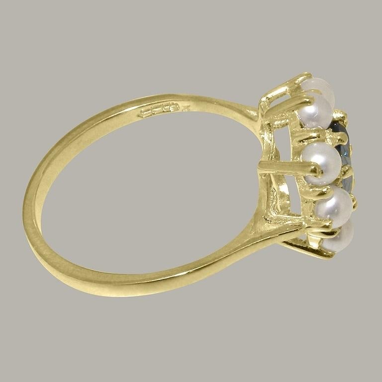 For Sale:  14K Yellow Gold Natural Blue Topaz & Pearl Womens Cluster Ring Customizable 4