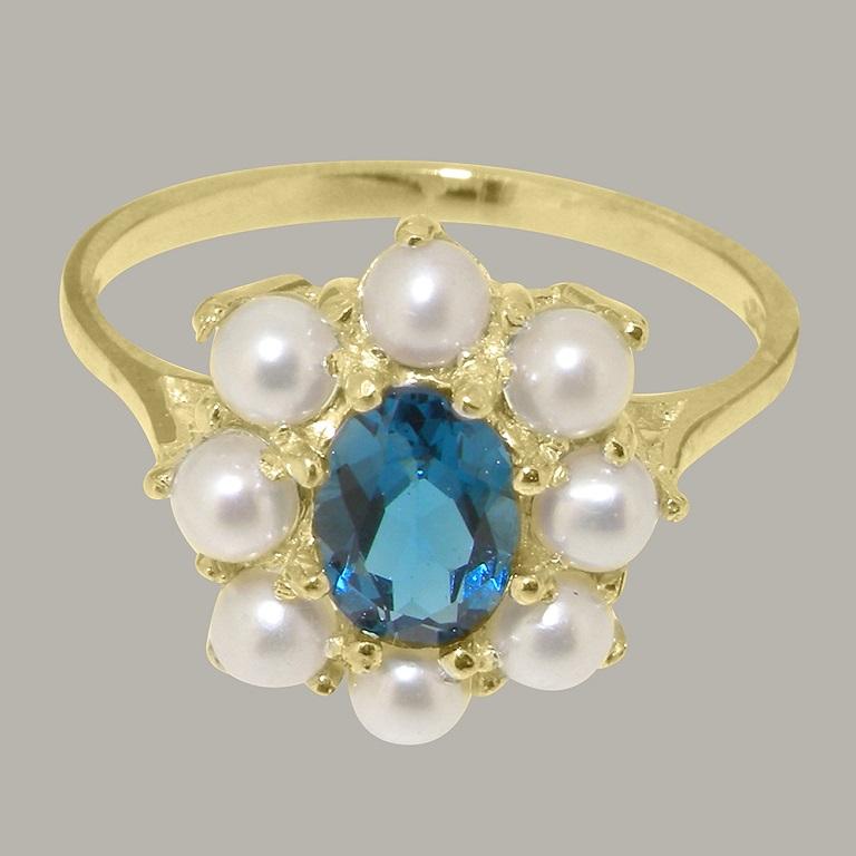 For Sale:  14K Yellow Gold Natural Blue Topaz & Pearl Womens Cluster Ring Customizable 5