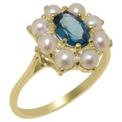 14K Gelbgold Natürlicher blauer Topas & Perle Damen Cluster-Ring anpassbar