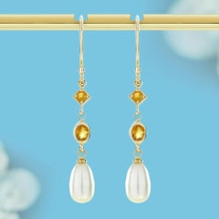 14K Yellow Gold Natural Citrine and Pearl Vintage Style Dangle Earrings
