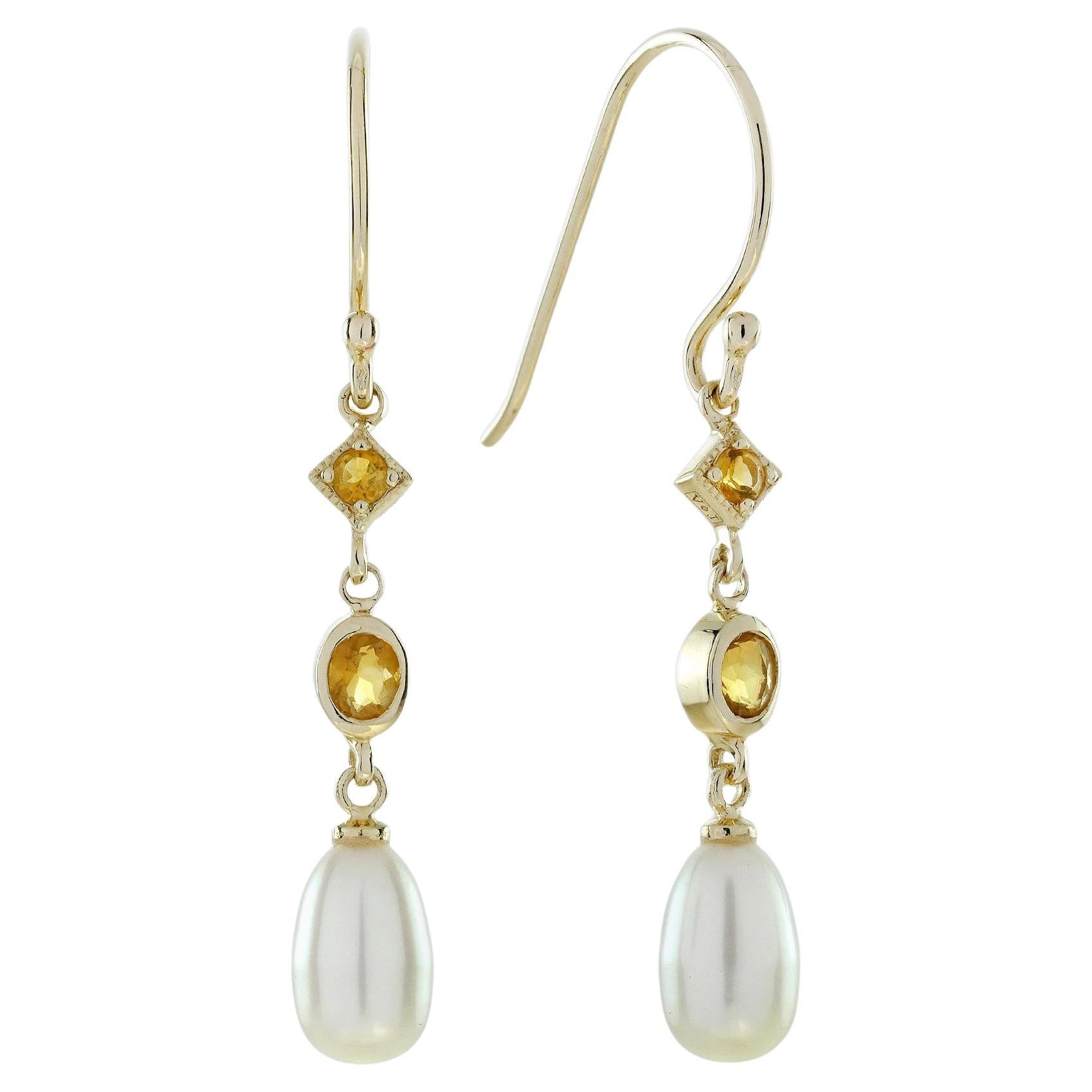 14K Yellow Gold Natural Citrine and Pearl Vintage Style Dangle Earrings