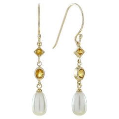 14K Yellow Gold Natural Citrine and Pearl Vintage Style Dangle Earrings