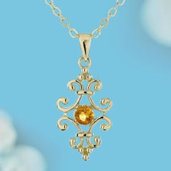 14K Yellow Gold Natural Citrine Vintage Style Floral Pendant