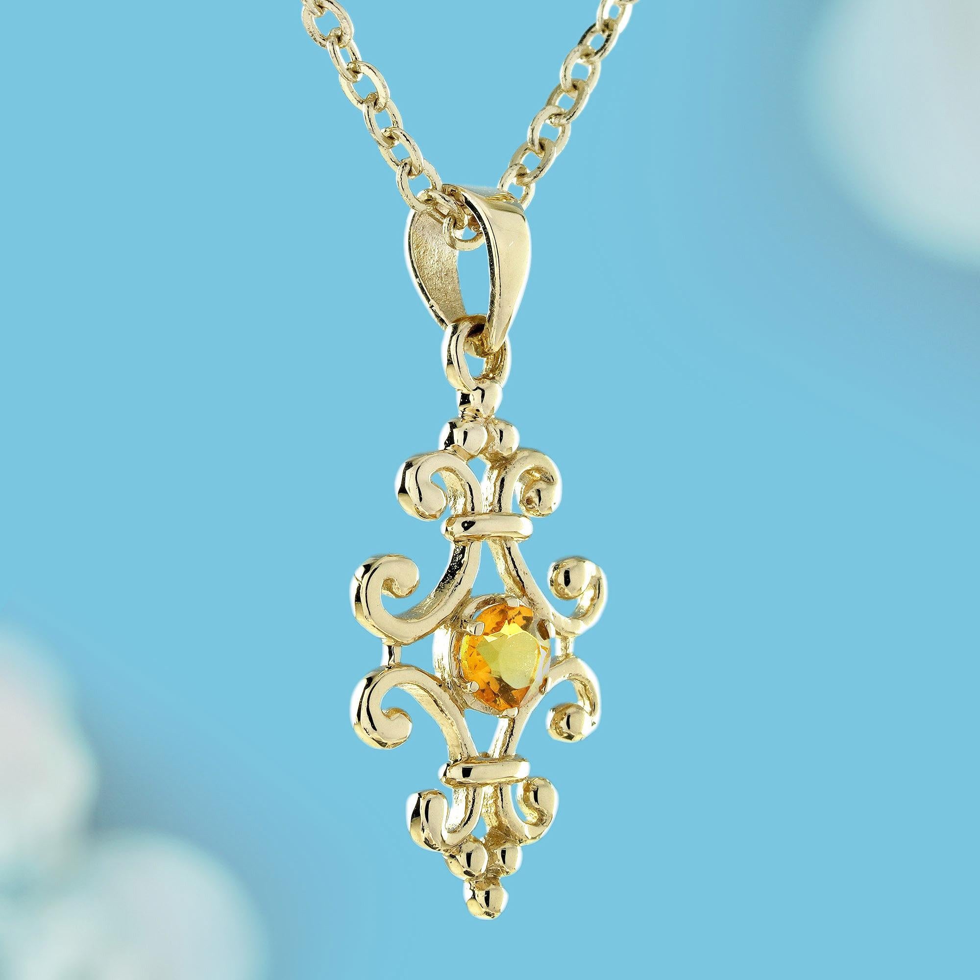 Victorian 14K Yellow Gold Natural Citrine Vintage Style Floral Pendant For Sale