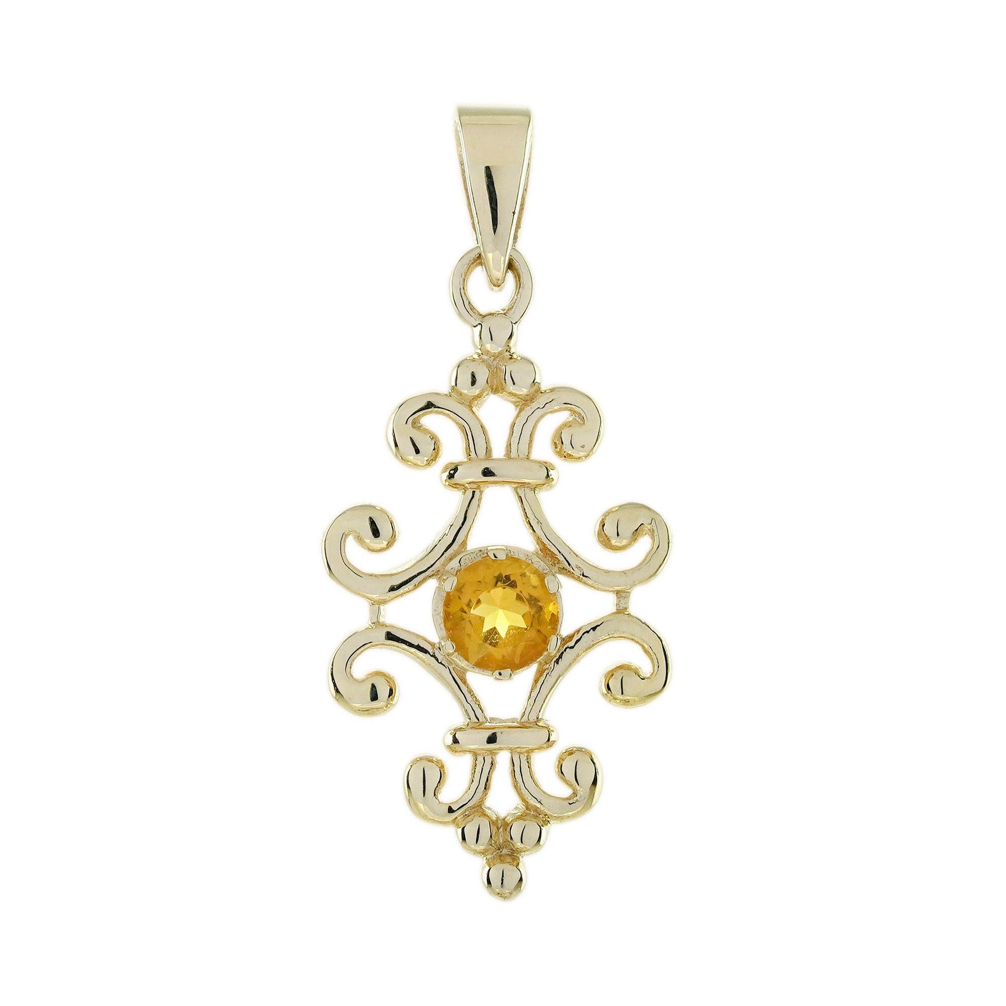 14K Yellow Gold Natural Citrine Vintage Style Floral Pendant