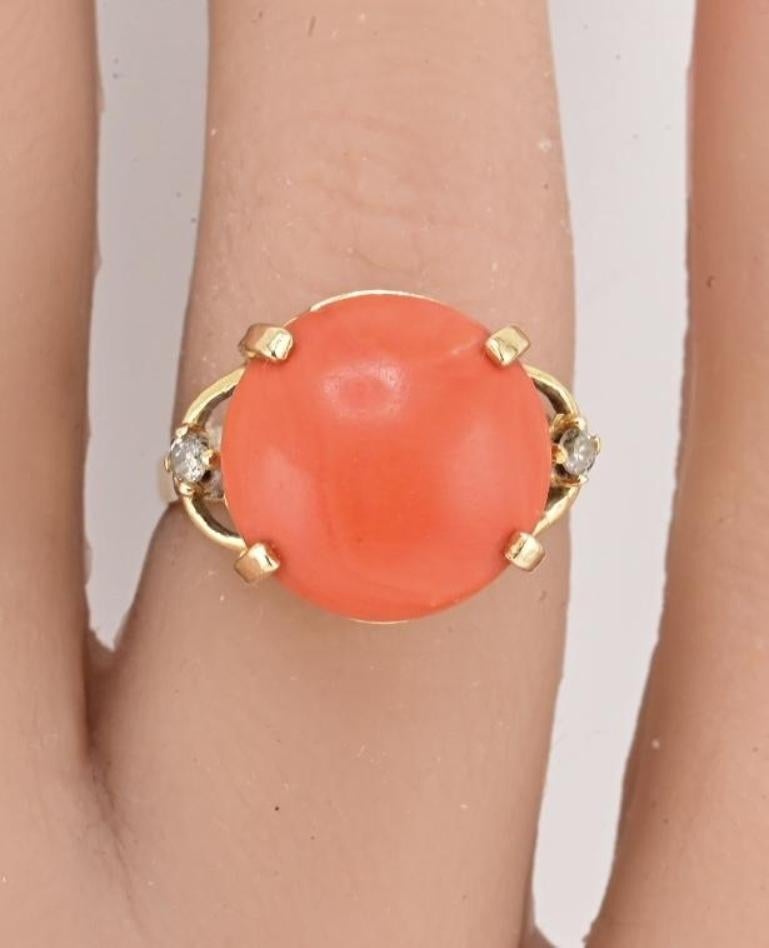 14K Gelbgold Natürliche Koralle & Diamant Ring 5,89g Größe 6,5 Koralle 14mm im Angebot 5