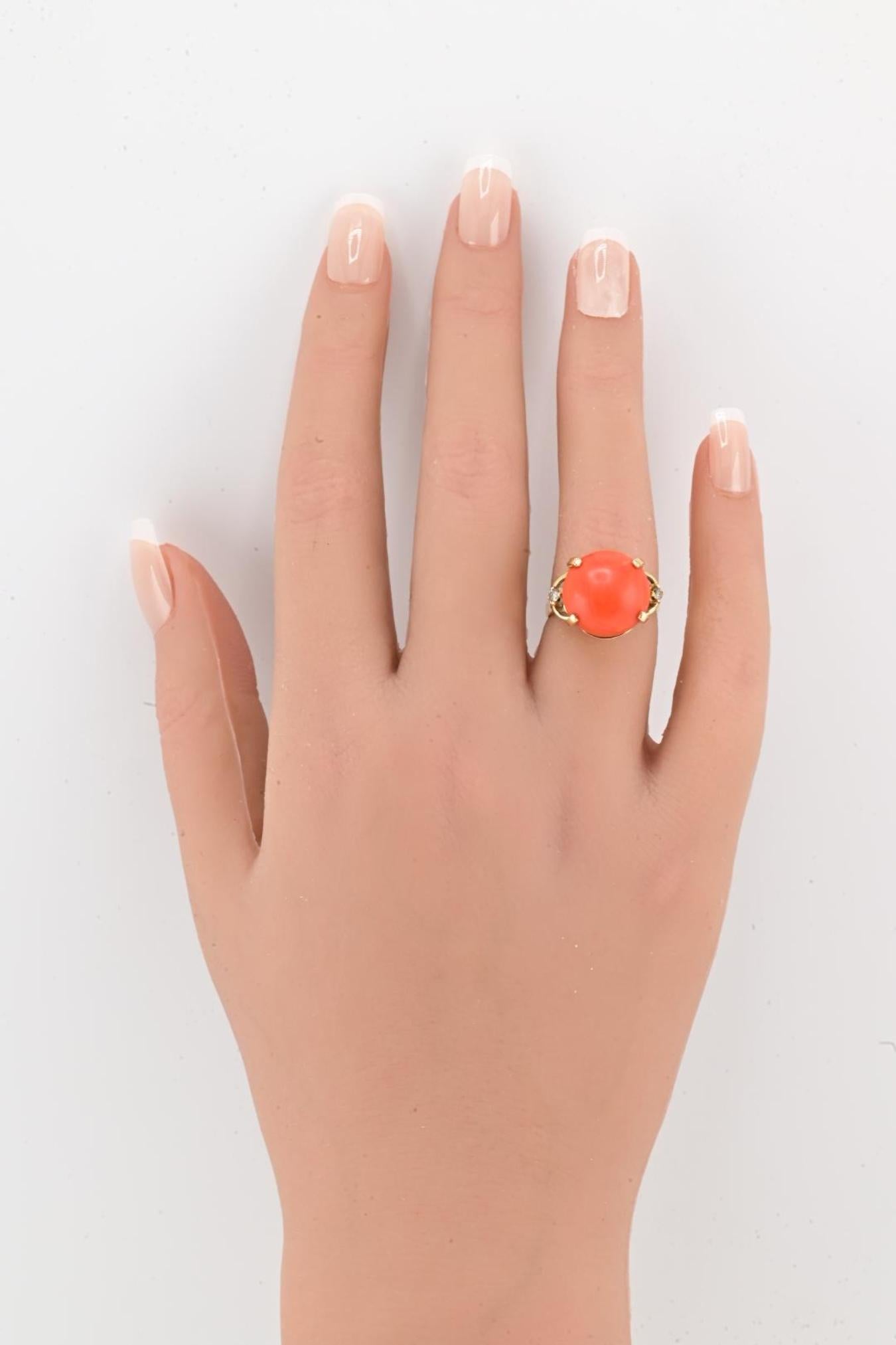 14K Gelbgold Natürliche Koralle & Diamant Ring 5,89g Größe 6,5 Koralle 14mm im Angebot 4