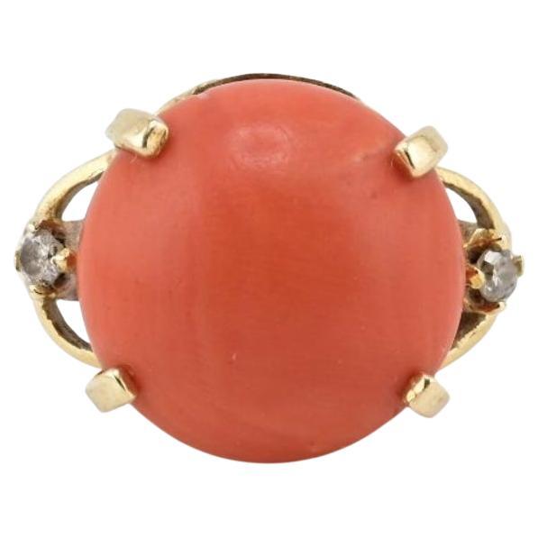 14K Yellow Gold Natural Coral & Diamond Ring 5.89g Size 6.5 Coral 14mm