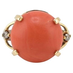 14K Yellow Gold Natural Coral & Diamond Ring 5.89g Size 6.5 Coral 14mm