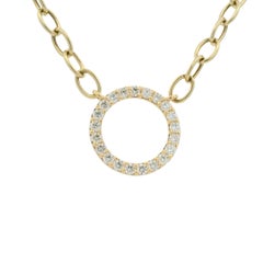 14K Yellow Gold Natural Diamond Circle Pendant Paperclip Necklace In Stock