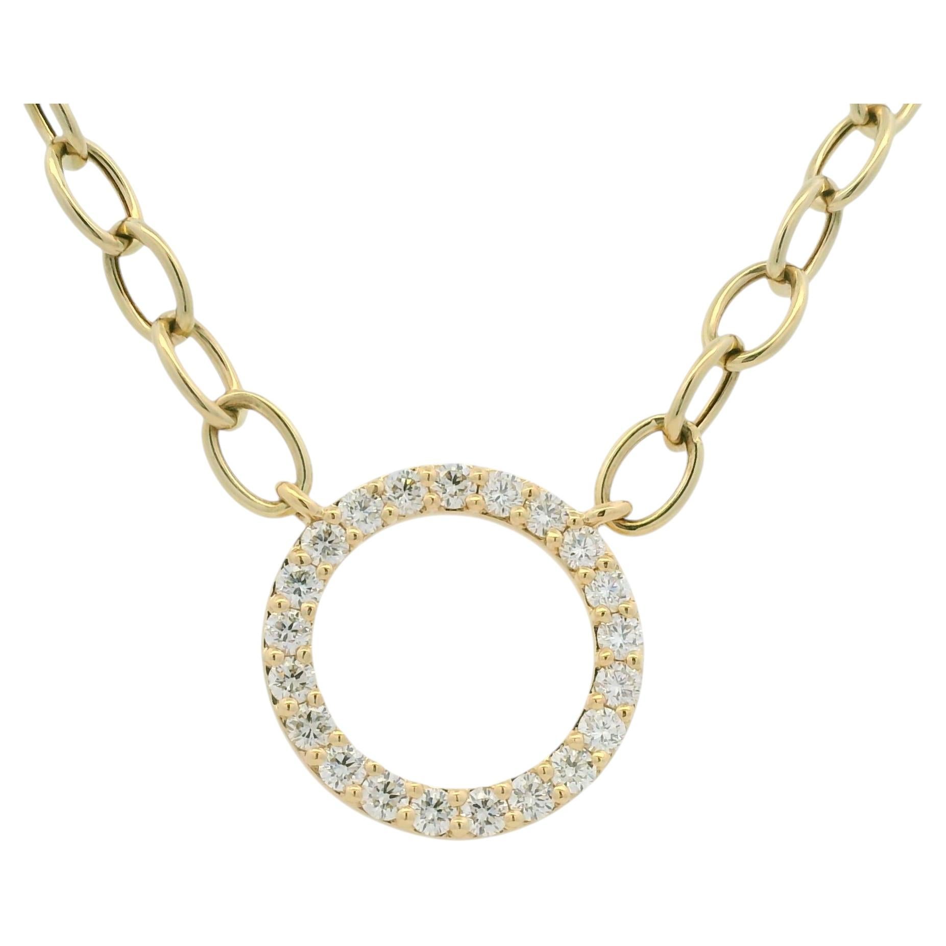 14K Yellow Gold Natural Diamond Circle Pendant Paperclip Necklace In Stock