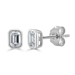 14K Yellow Gold Natural Diamond Emerald Cut Bezel Set Stud Earrings 0.47 cttw