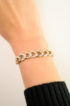 14K Yellow Gold Natural Diamond Link Bracelet Two-Tone Chevron Design