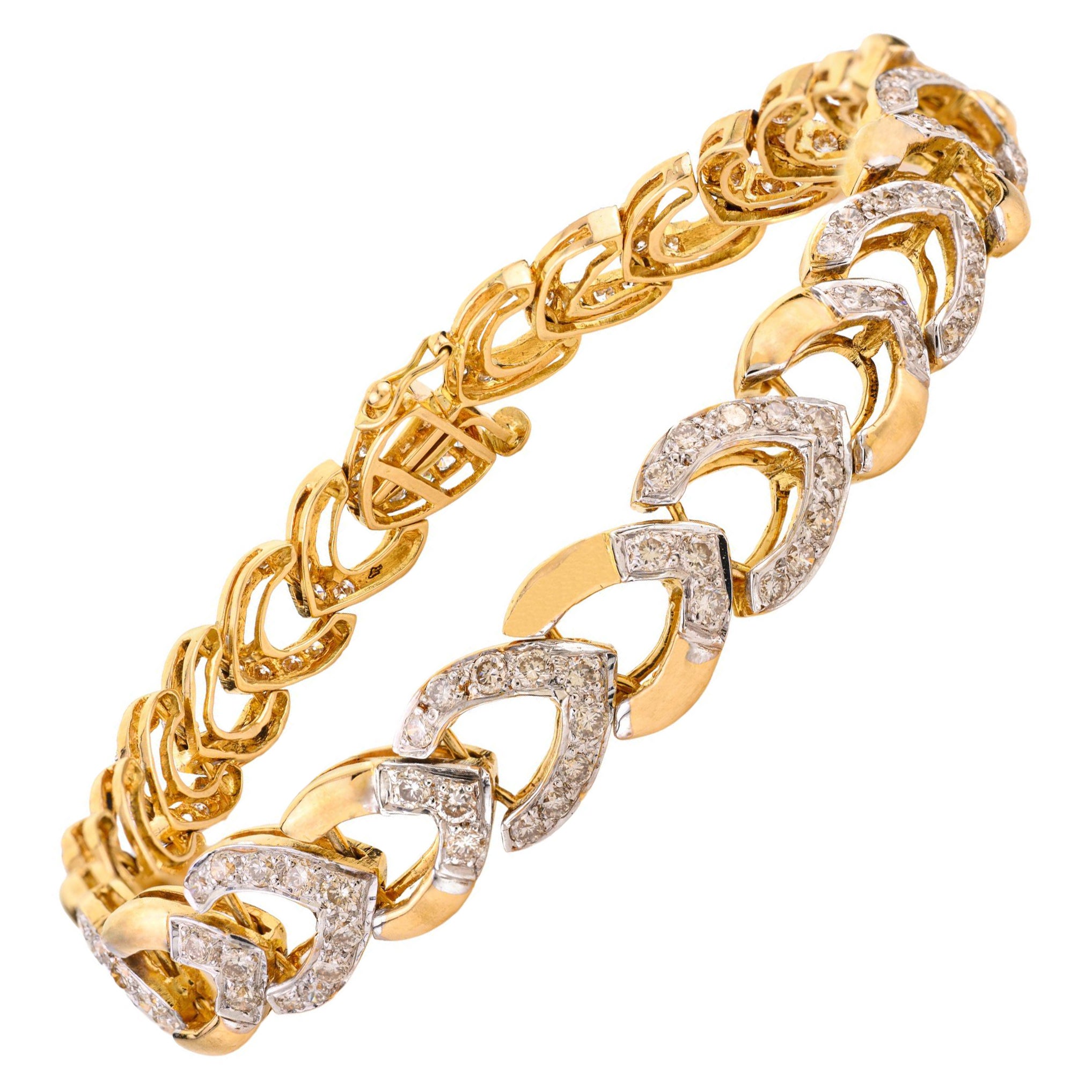 Pulsera de eslabones de oro amarillo de 14 quilates con diamantes naturales y diseño de chevron en dos tonos en venta
