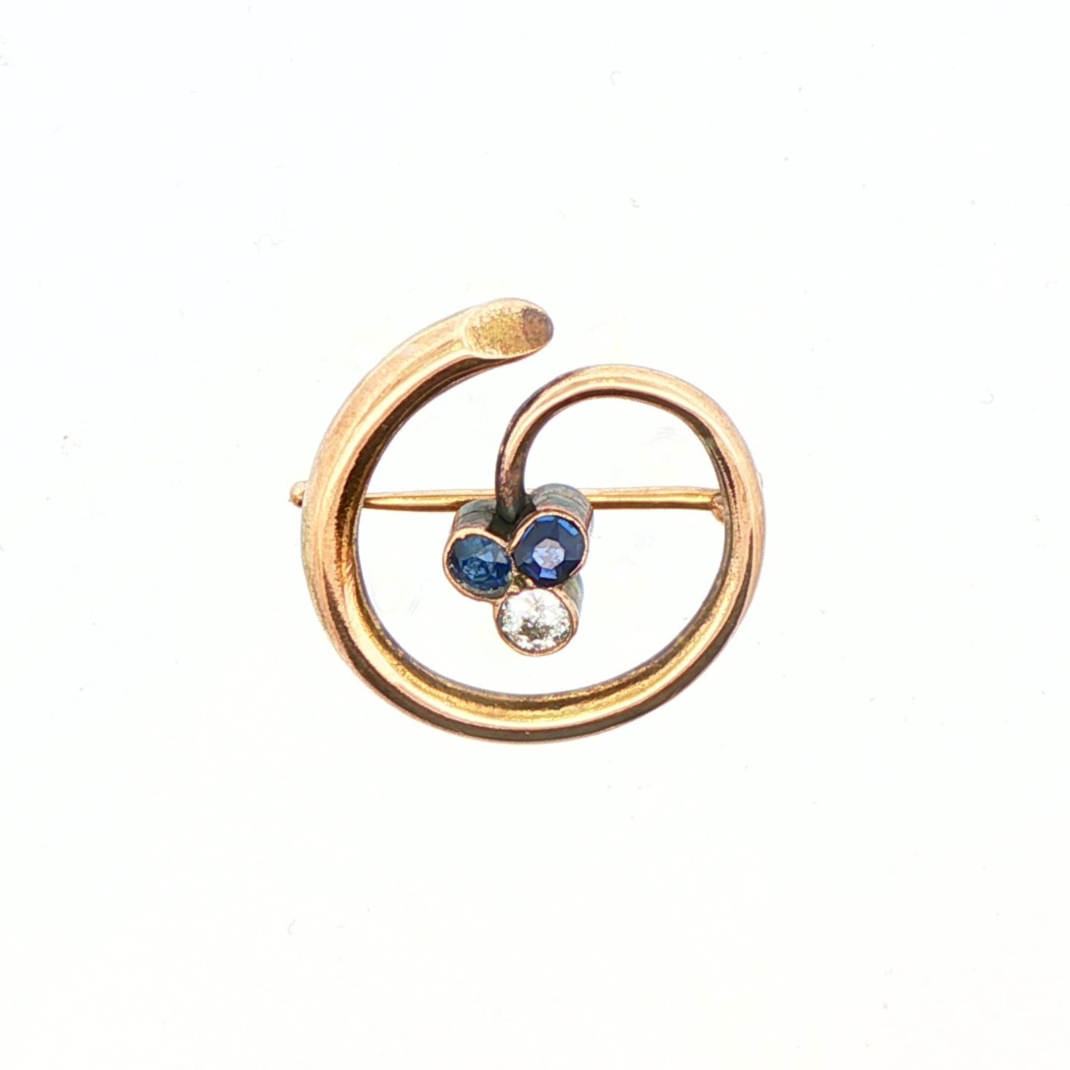 Spilla in oro giallo 14k con diamante naturale e zaffiro senza calore in vendita 2