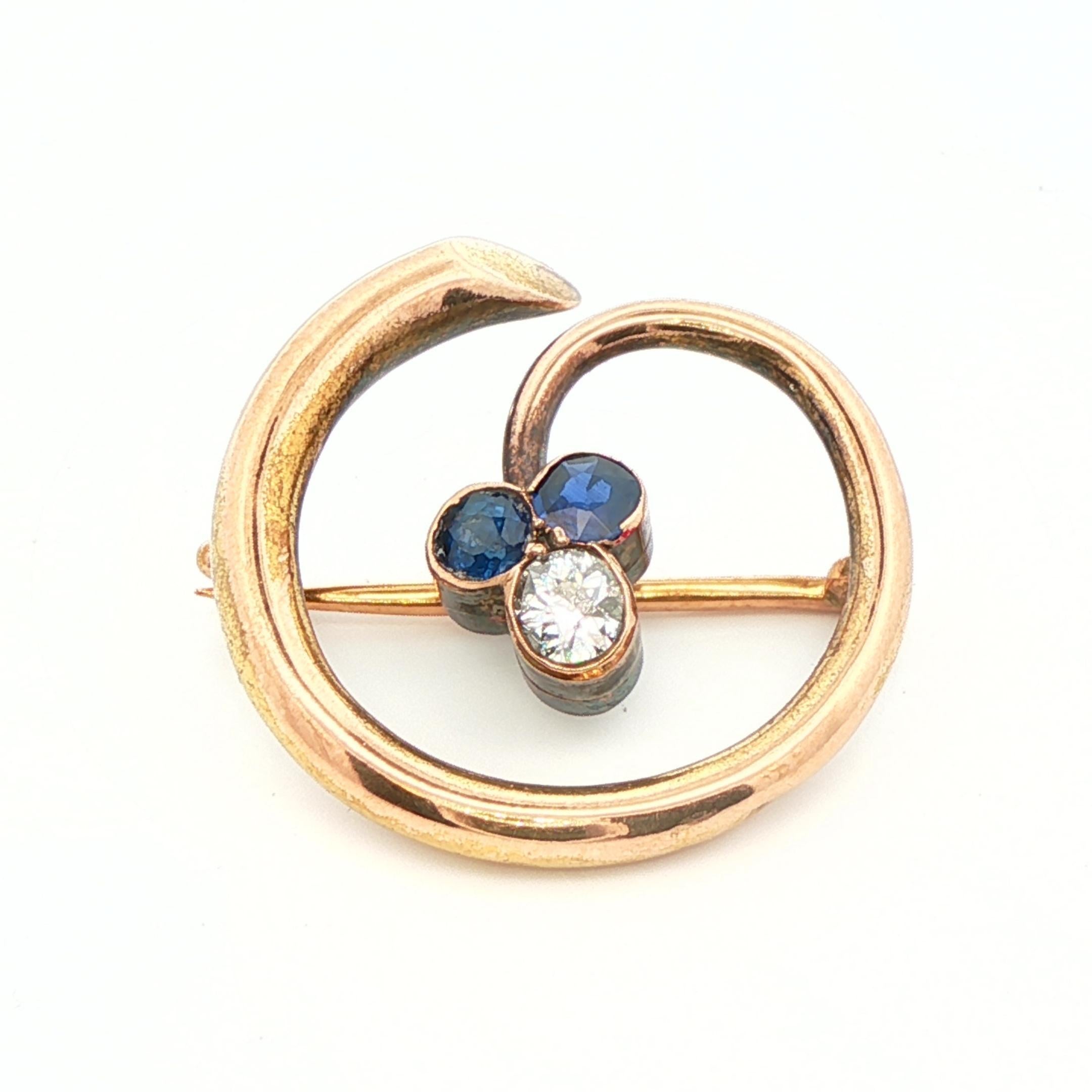 Spilla in oro giallo 14k con diamante naturale e zaffiro senza calore in vendita 3